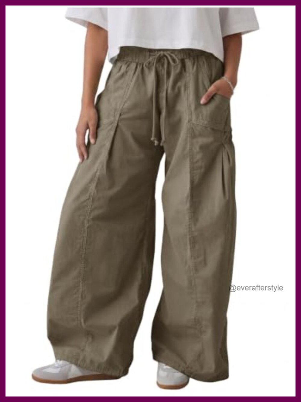 Wide Leg Cargo Pants High Rise Drawstring Cotton Blend